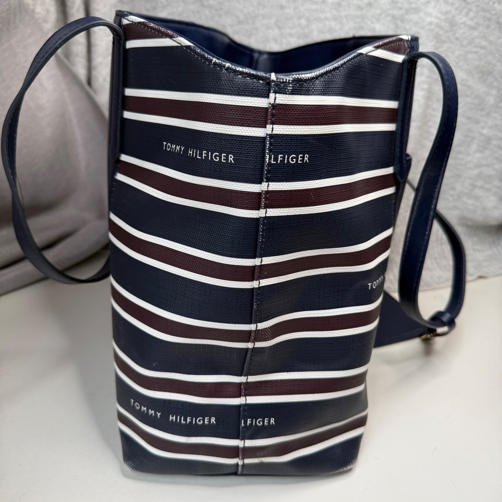 Tommy Hilfiger Navy Blue Red White Striped 13" Tote Bag Card Holder Pockets - Picture 9 of 16
